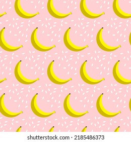 Diseño de patrones sin fisuras de banana. Fondo del patrón de frutos de banana. Patrón ininterrumpido de frutas aislado en fondo rosa con puntos
