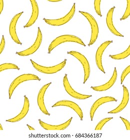 Banana seamless pattern. Endless yellow bananas on white back