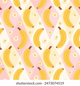 Banana seamless pattern. Exotic sweet dessert y2k endless background with rhombus. Vector hand drawn flat illustration.