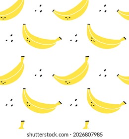 Bananennahtloses Muster. Exotische tropische frische Früchte, ganz und in Scheiben geschnitten, Bananenschalen, Cartoon minimalistischer Stil, isolierter Hintergrund, Deko-Textilien, Tapete-Tapete-Vektordruck oder Stoff