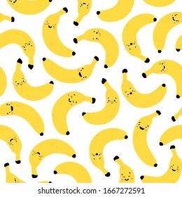 Banana seamless pattern. Funny yellow characters with happy faces. Vector cartoon illustration in simple hand drawn scandinavian style. Ideal for printing baby products.