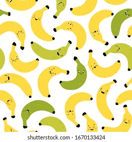 Banana seamless pattern. Funny yellow and green characters with happy faces. Vector cartoon illustration in simple hand drawn scandinavian style. Ideal for printing baby products.