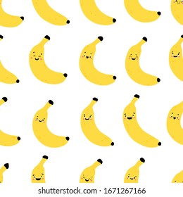 Banana seamless pattern. Funny yellow characters with happy faces. Vector cartoon illustration in simple hand drawn scandinavian style. Ideal for printing baby products.