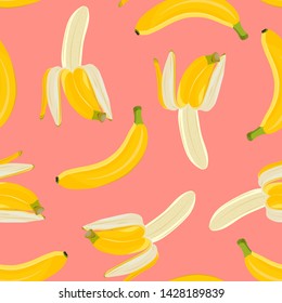 Banana seamless pattern, Half peeled banana on pink background. vector illustration.