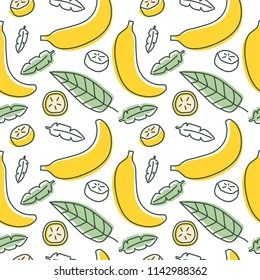 Banana seamless pattern. Hand drawn fresh tropical fruit. Multicolored vector sketch background. Colorful doodle wallpaper. Green and yellow print