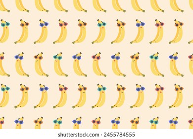 Banana seamless pattern. Hand drawn Cute smiling bananas in color sunglasses. Banana cartoon background. Vector illustration for wallpaper, textile, print,  baby products, web, case, wrapping paper