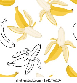 Banana seamless pattern isolated on white background. Vector color illustration of tropical fruit in cartoon flat style and black and white outline.