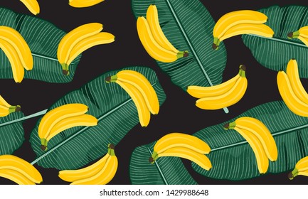 Banana seamless pattern with banana leaves, Bunch of ripe bananas on black background. Tropical fruit vector illustration.
