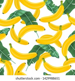 Banana seamless pattern with banana leaves on white background. Tropical fruit vector illustration.