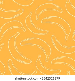 Banana seamless pattern in line art style on yellow background. Design for wrapping paper, banner, poster, print.