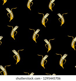 Banana seamless pattern on black background. Vector illustration for ads, menu and web banner designs. Organic and healthy food concept.
