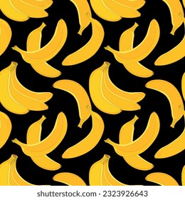 Banana-nahtloses Muster auf schwarzem Hintergrund. Vektorgrafik. Design für Packpapier, Textilien, Gewebe. Gelbe reife exotische Früchte.