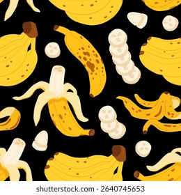 Banana seamless pattern on black background. Fresh yellow tropical fruit vector textile print illustration. Flat design cartoon style organic healthy food seamless texture for web, covers, decoration.