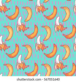 Banana Seamless Pattern on blue background and pink hand drawn brushstrokes. Fashion tropical textile print. Contemporary trendy wallpaper. Memphis pattern