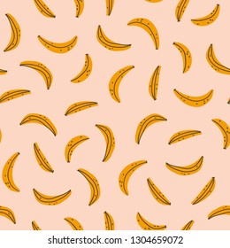 Banana seamless pattern on the pink background. Vector Illustration. Hand drawn fruit fabric design.