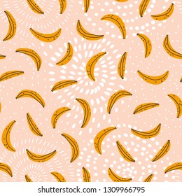 Banana seamless pattern on the pink background. Vector Illustration. Hand drawn fruit fabric design.