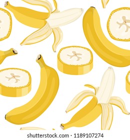 Banana seamless pattern on a white background. Vector illustration of  tropical fruit in a cartoon flat style.