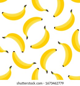 Banana seamless pattern on white background. Fresh yellow tropical fruit vector textile print illustration. Flat design cartoon style organic healthy food seamless texture for web, covers, decoration.