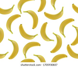 Banana seamless pattern on white background. Fresh yellow tropical fruit vector textile print illustration. 