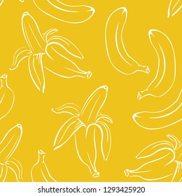 Banana seamless pattern on yellow background. Vector fruit illustration.