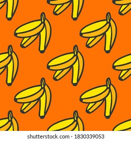 Banana seamless pattern. Orange background. Hand drawn lettering logo for social media content