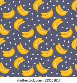 Banana seamless pattern with polka dots on a gray background