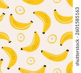 Banana seamless pattern. Print with bananas slices yellow tropical fruit, abstract backdrop for fabric textile design, wallpaper and wrapping paper. Vector texture.
