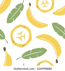 Banana seamless pattern. Ripe banana and palm leaves on white background. Can be used for wallpaper, fabric, wrapping paper or decoration. Vector hand drawn illustration