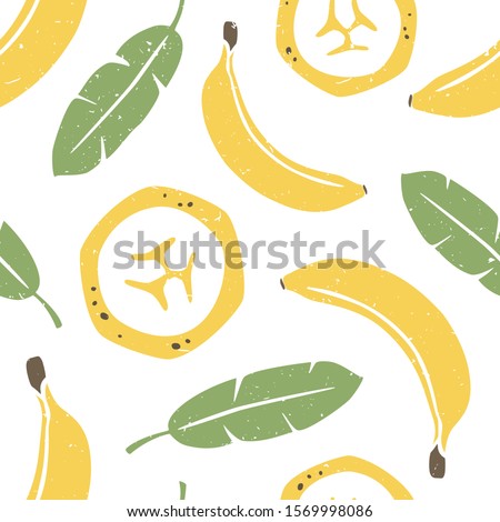Banana seamless pattern. Ripe banana and palm leaves on white background. Can be used for wallpaper, fabric, wrapping paper or decoration. Vector hand drawn illustration