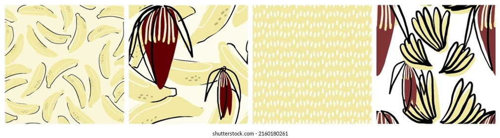 Banana seamless pattern set. Abstract tropical fruit and flower vector textile print. Trendy hand drawn design for product packaging background or summer fashion fabric.