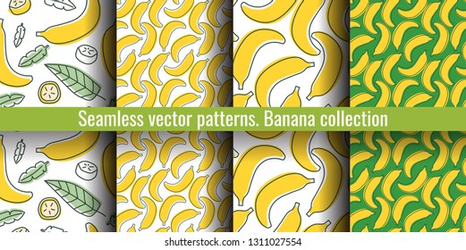 Banana seamless pattern set. Juicy fruit collection. Hand drawn color vector sketch background. Colorful doodle wallpaper. Summer print 