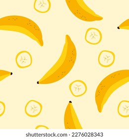 Banana seamless pattern with banana slices. Wrapping paper, gift card, poster, banner design. Vector illustration.