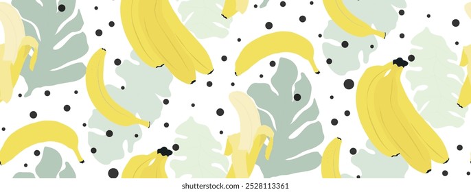 Banana seamless pattern. Sweet dessert repeat dots background. Vector hand drawn vector illustration for prints.