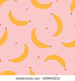 Banana seamless pattern for textile, wrapping paper, fabric. Modern kids pink background with fruits. Pink girly wallpaper.