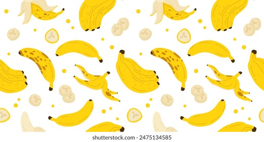 Banana seamless pattern. Trendy summer background. Vector illustration in hand drawn flat style. Vector print for fabric or wallpaper.