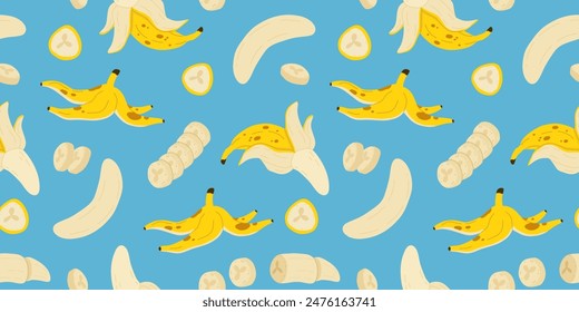 Patrón sin costuras de plátano. Fondo de verano de moda. Ilustración vectorial en estilo plano dibujado a mano. Estampado de Vector para tela o Fondo de pantalla.