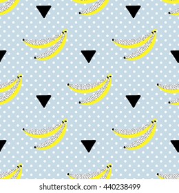 Banana seamless pattern. Vector background. Retro vintage 80s - 90s  food fashion style. Geometric elements. Cartoon illustration. Polka dot