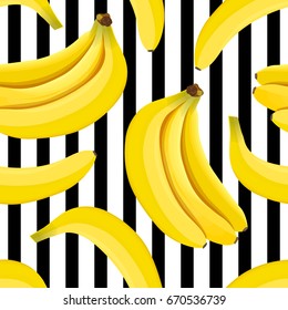 Banana seamless pattern vector. Bunch of Ripe bananas on a striped black and white background. Summer print. For textile, decoration, wrapping, food design, restaurant, health care products, label