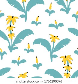 Patrón sin fisuras de plátano. Ilustración vectorial palmeras en el estilo caricaturista escandinavo. Diseño infantil para ropa de bebé, papel pintado, ropa de cama, textiles, arte de pared infantil y tarjetas.