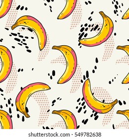 Banana seamless pattern. Vector memphis background. Retro vintage 80s - 90s food fashion style. Geometric elements. Cartoon trendy illustration.