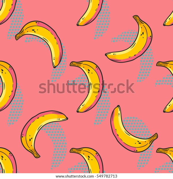 バナナのシームレスな柄 ベクター画像の背景 レトロなビンテージ80 90年代の食べ物ファッションスタイル 幾何エレメント 漫画のトレンディイラスト のベクター画像素材 ロイヤリティフリー
