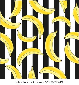 Banana seamless pattern. Banana vector pattern on black and white background.