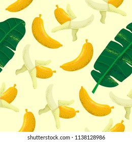 Banana seamless pattern with vintage style botanical hand drawn illustration on a light green background. Can use for fabric, fashion, cafe, restaurant, & fruits market.