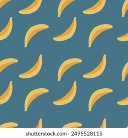 Patrón sin costuras de plátano. Bananas amarillas sobre fondo azul. Ilustración vectorial de verano para tela, embalaje, papel de embalaje, cubierta, caja
