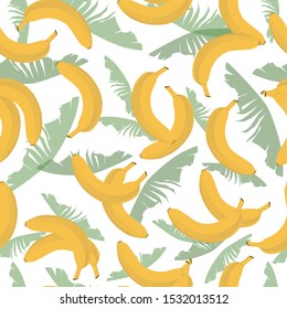 Banana seamless pattern.Bright, colorful background with bananas and  green leaves. Vector illustration isolated on transparent background