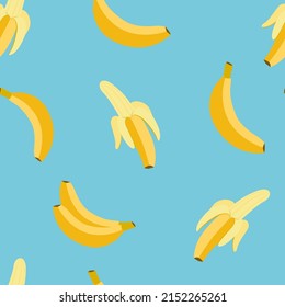 Banana seamless patterns. Peeled banana on blue. Flat, vector