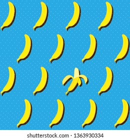 Banana seamless vector pattern with peeled banana as accent. Cute summer fruit background