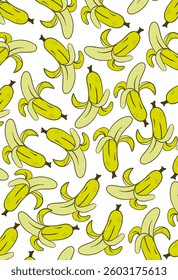 Banana seamless. Vivid repeating peeled fruits with dynamic layout on white backdrop, suitable for food wrapping, nutrition themes, market branding, organic products