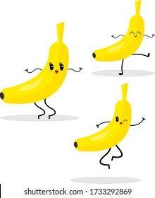 Banana set of active cartoon characters dancing and jumping on a white background concept of tropical fruits and food.