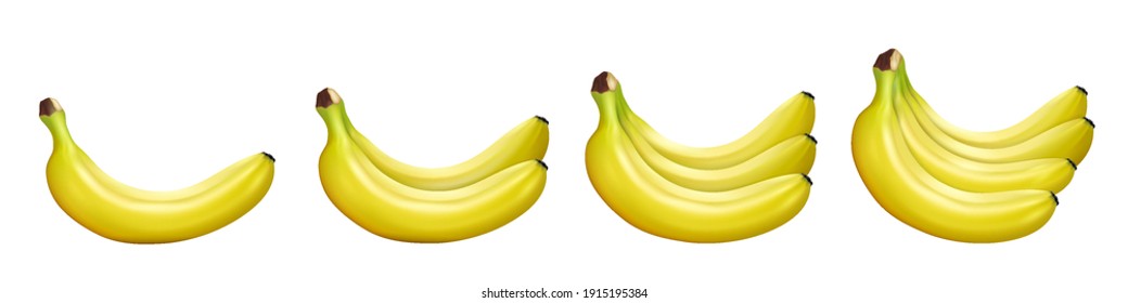 Banana set. Banana, bunch of bananas isolated on white background.  realistic 3d Vector illustration.